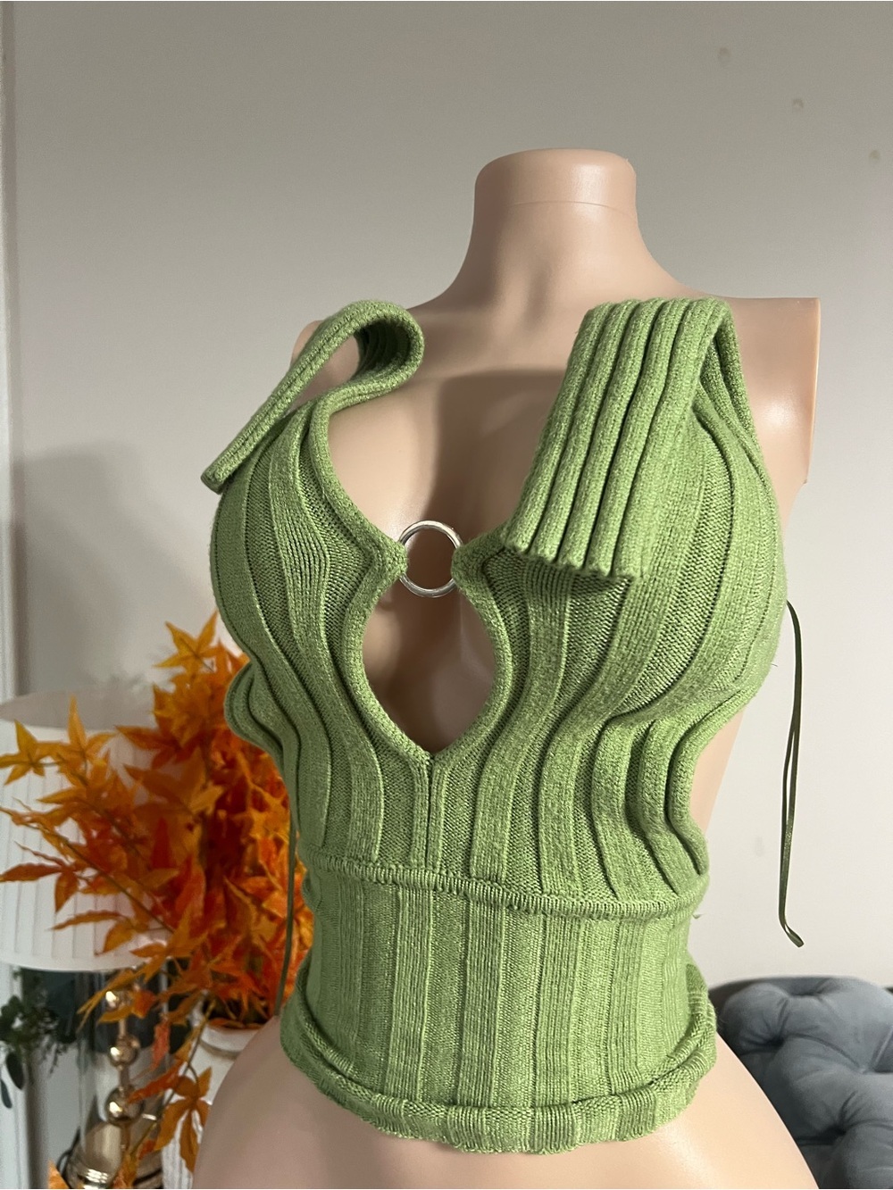 Daisy Light Green Ribbed Halter Top with Center Ring